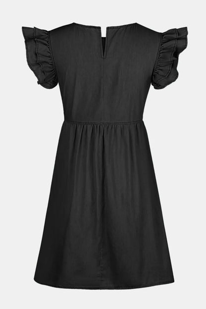 Light blue full-size denim dress with ruffled round neckline and cap sleeves, stylish and casual from Trendsi.