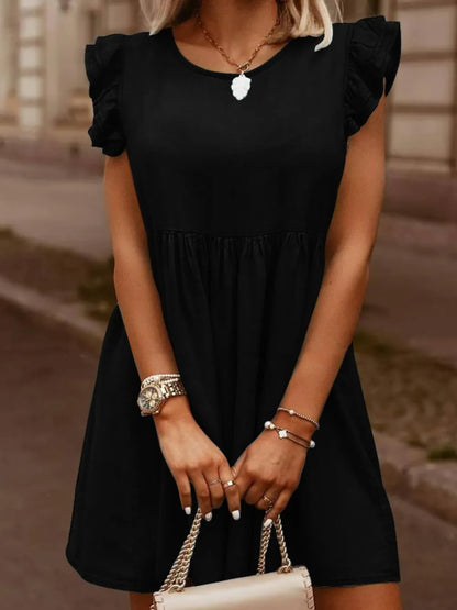 Light blue full-size denim dress with ruffled round neck and cap sleeves, from Trendsi, shown on a model.