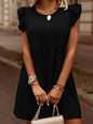 Light blue full-size denim dress with ruffled round neck and cap sleeves, from Trendsi, shown on a model.