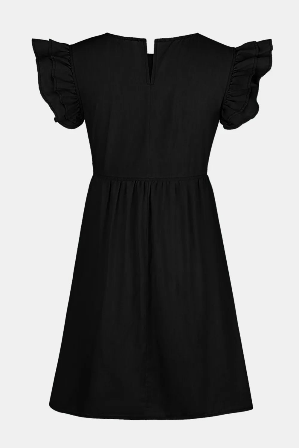 Light blue full-size denim dress with ruffled round neck and cap sleeves, by Trendsi, displayed on a model.