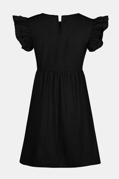 Light blue full-size denim dress with ruffled round neck and cap sleeves, by Trendsi, displayed on a model.