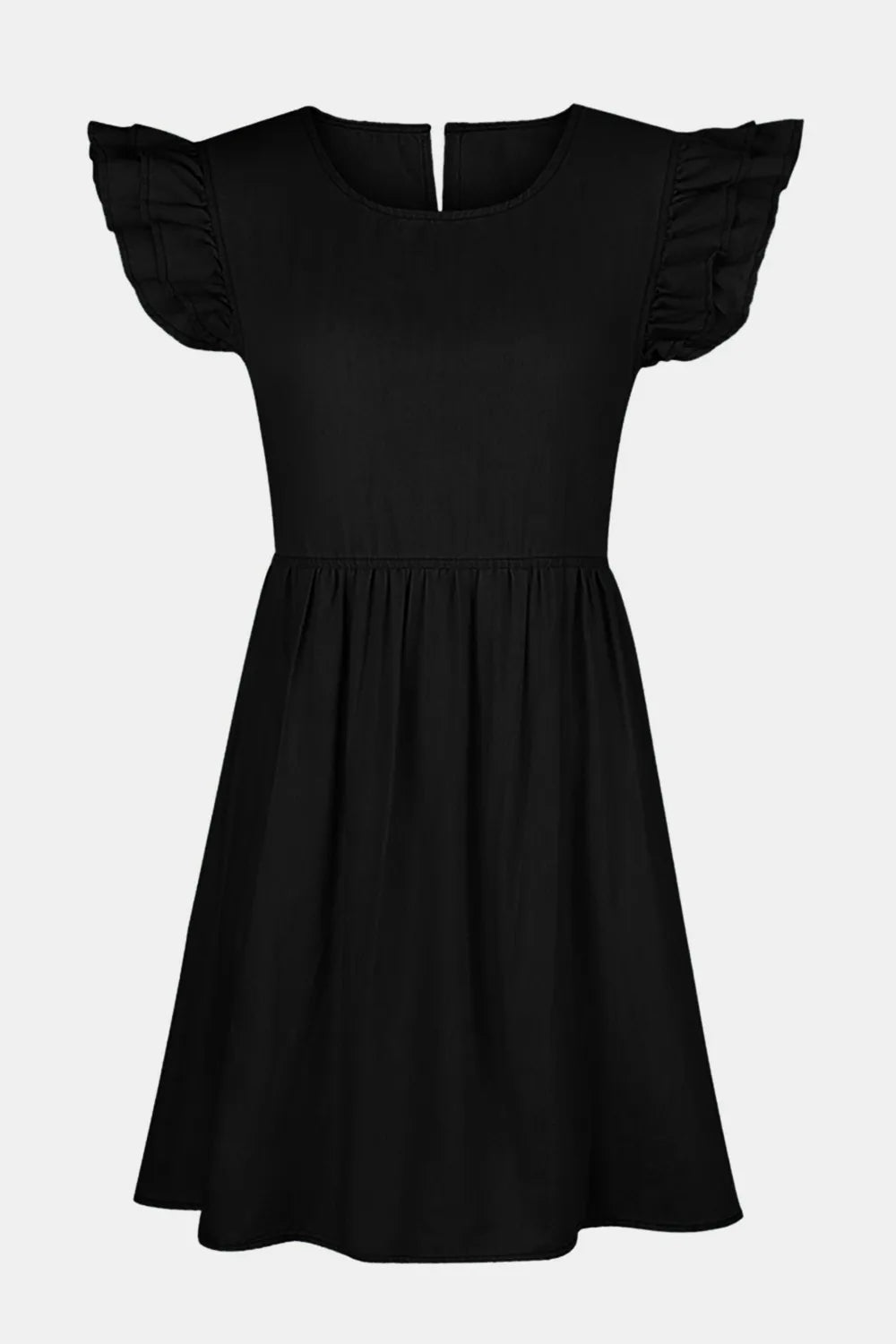Light blue full-size denim dress by Trendsi featuring ruffled round neckline and cap sleeves, styled for casual wear.