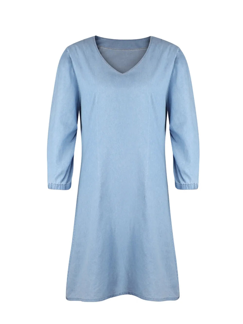 Light blue full-size V-neck half-sleeve dress by Trendsi, shown on a mannequin, featuring a relaxed fit and soft fabric.