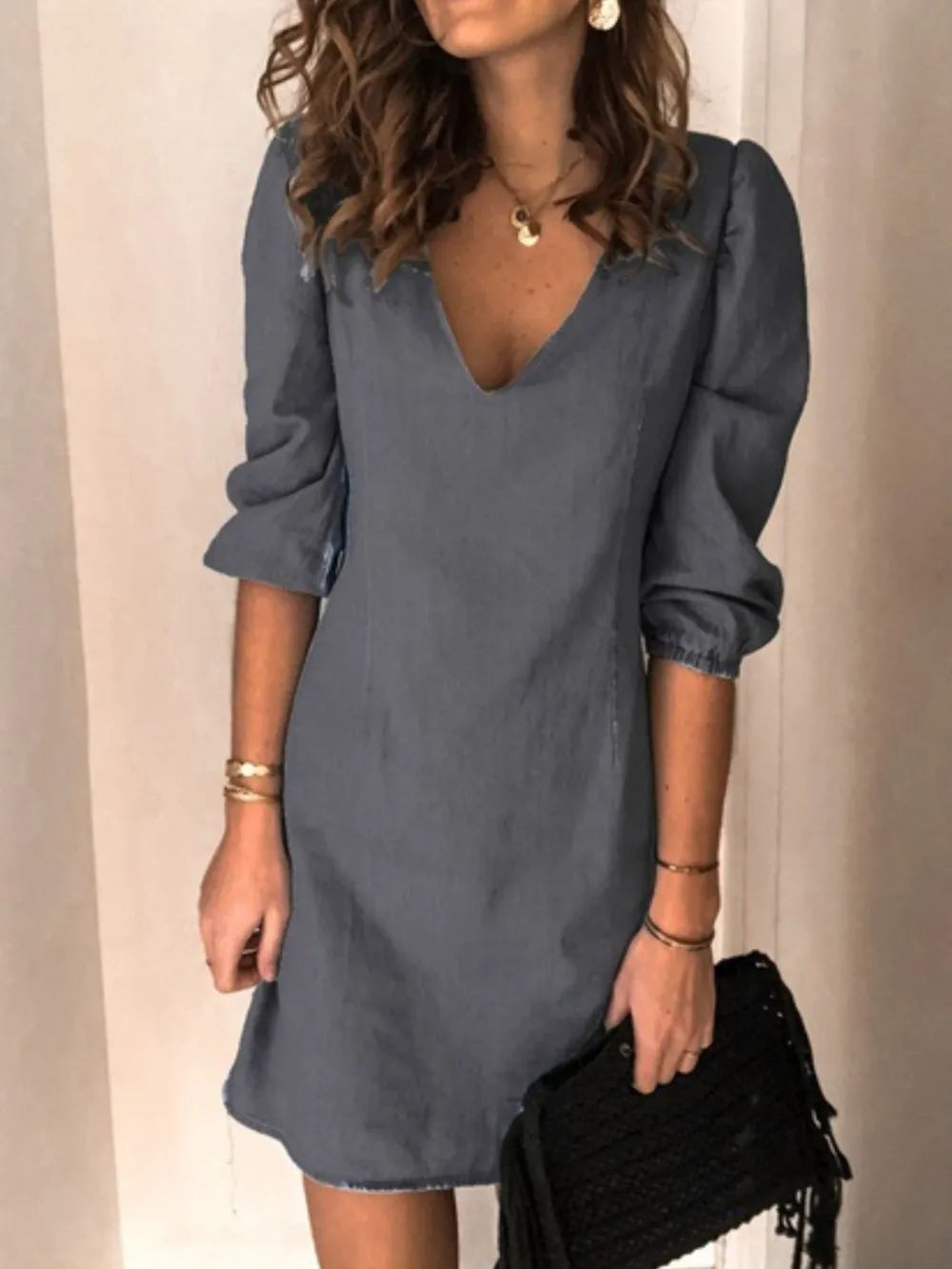 Light blue full size V-neck dress with half sleeves from Trendsi, showcasing a relaxed fit and casual elegance.