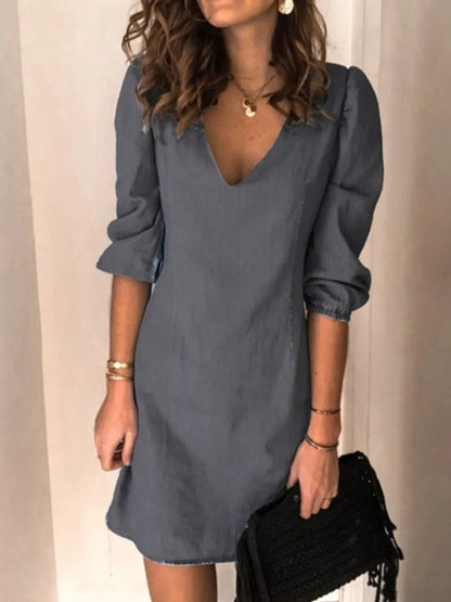 Light blue full size V-neck dress with half sleeves from Trendsi, showcasing a relaxed fit and casual elegance.