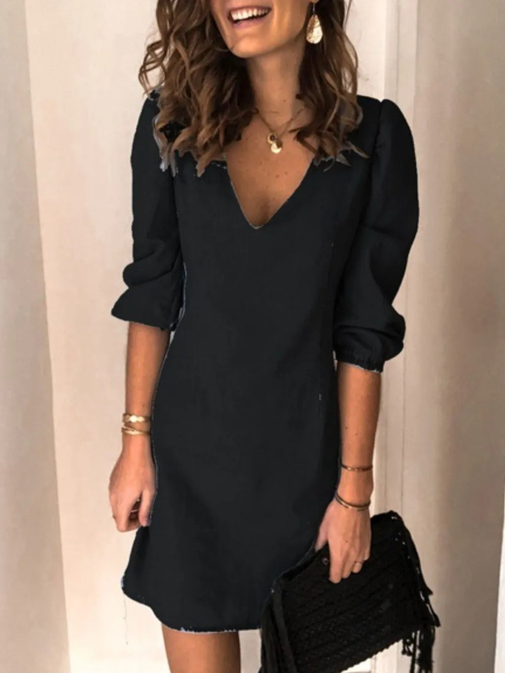 Light blue full-size V-neck half sleeve dress by Trendsi, showcasing a comfortable, stylish design with a flattering fit.
