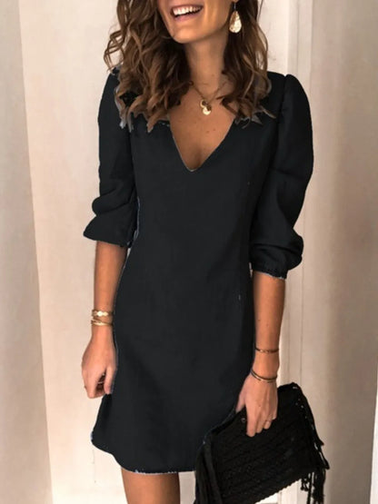 Light blue full-size V-neck half sleeve dress by Trendsi, showcasing a comfortable, stylish design with a flattering fit.