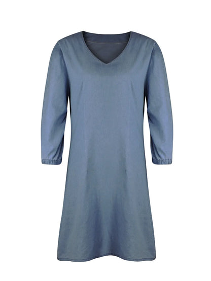 Light blue full-size V-neck half sleeve dress by Trendsi, stylish and comfortable for casual or semi-formal wear.
