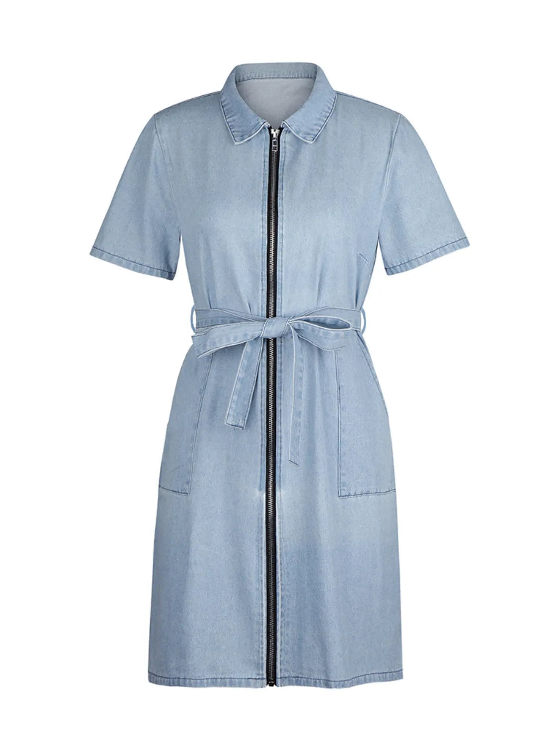 Light blue plus size denim dress with short sleeves and zip front, by Trendsi, displayed on a mannequin.