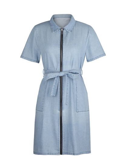 Light blue plus size denim dress with short sleeves and zip front, by Trendsi, displayed on a mannequin.