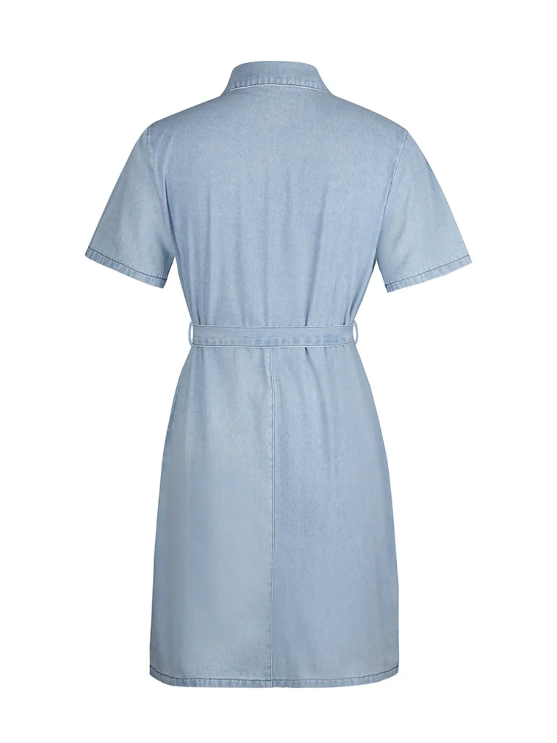 Light blue plus size denim dress with short sleeves and zip front, styled by Trendsi. Full-size fit, casual and comfortable.