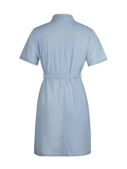 Light blue plus size denim dress with short sleeves and zip front, styled by Trendsi. Full-size fit, casual and comfortable.