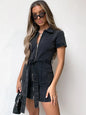 Light blue plus size denim dress with short sleeves and zip front from Trendsi, showcasing a casual, stylish fit.