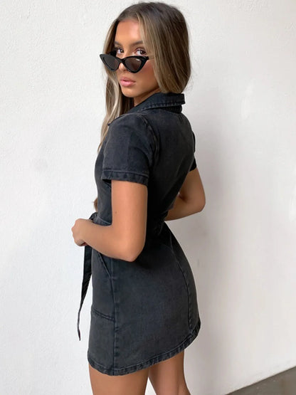 Light blue plus size denim dress with zip front and short sleeves, designed by Trendsi. Full size, casual and stylish.