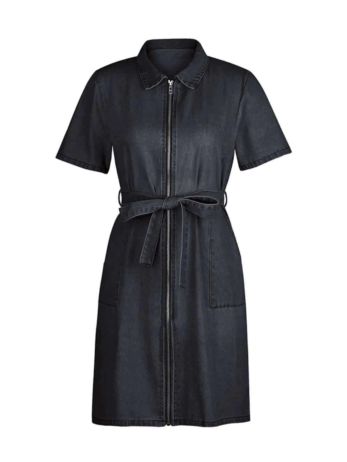 Light blue plus size denim dress with zip front and short sleeves, from Trendsi, styled on a mannequin.