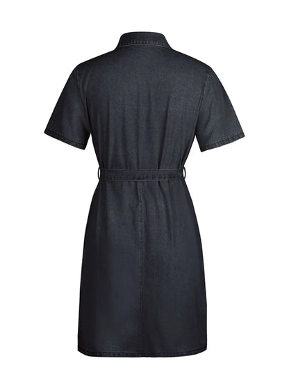 Light blue plus size denim dress by Trendsi featuring a full-size zip front and short sleeves.