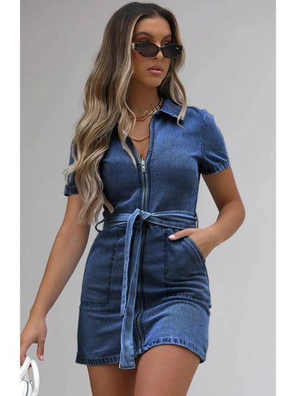 Light blue plus size denim dress from Trendsi with short sleeves and a front zipper, full size, casual style.