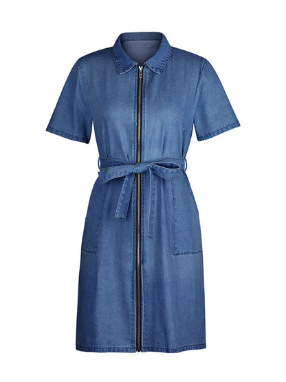 Light blue plus size denim dress with full front zipper and short sleeves, designed by Trendsi.