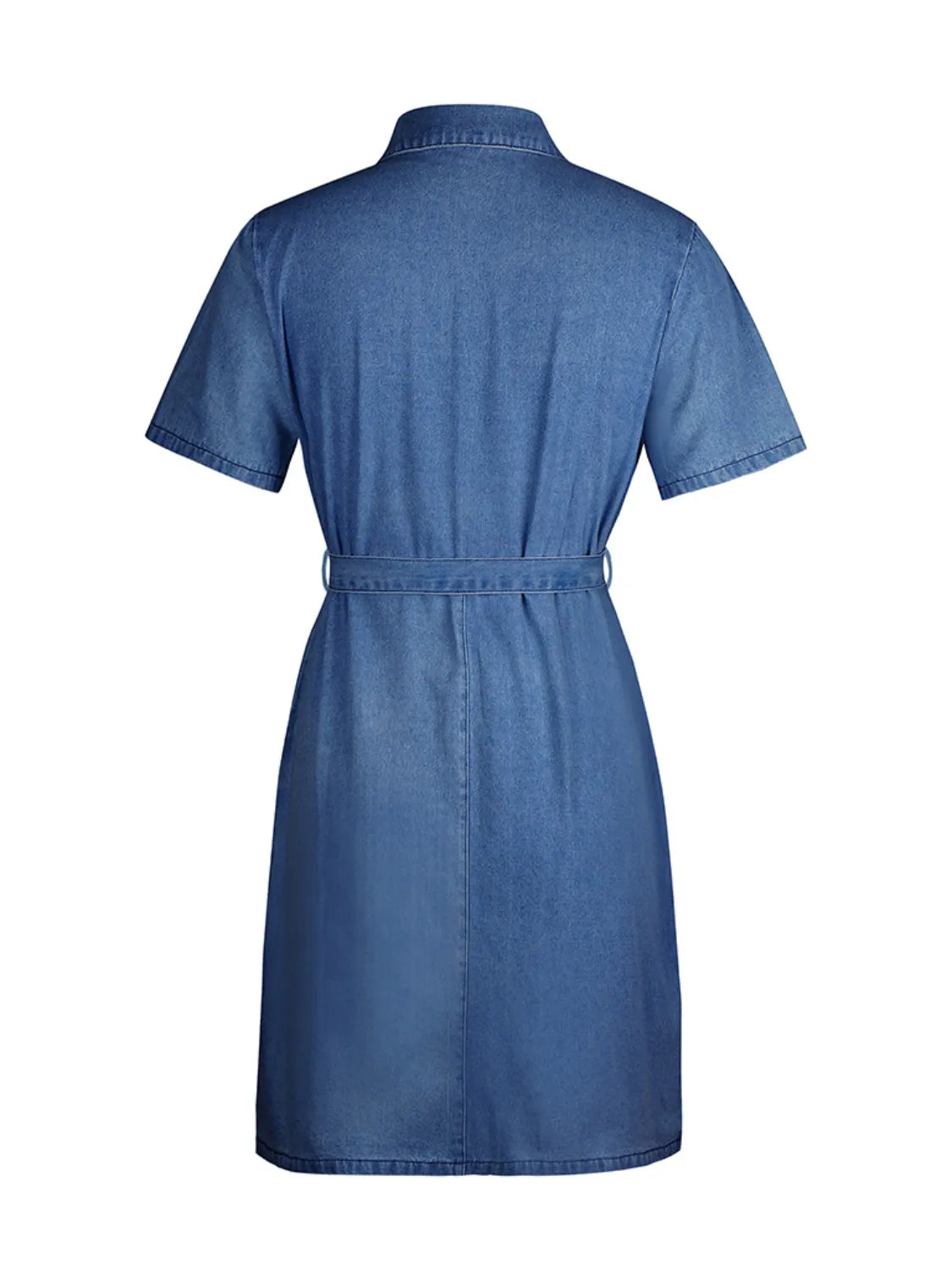 Light blue plus size denim dress by Trendsi featuring a zip-front, short sleeves, and a full-size fit.