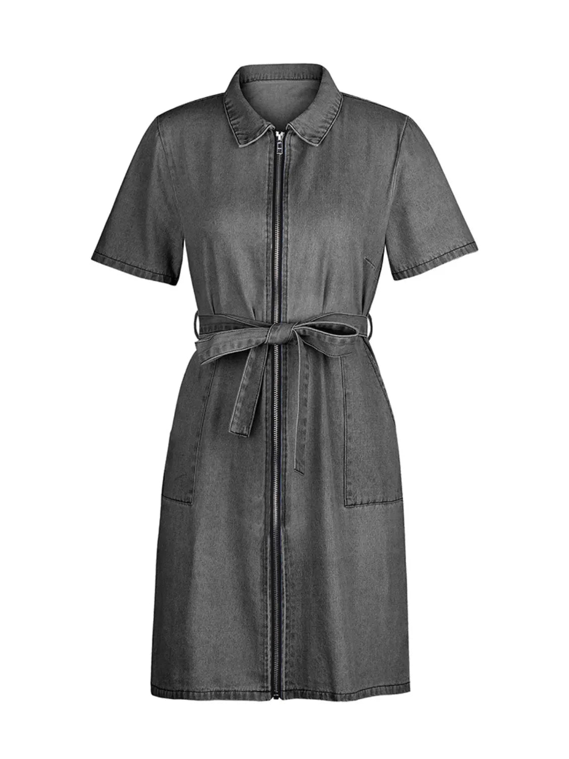 Light blue plus size denim dress by Trendsi with a zip front and short sleeves, full-length style suitable for casual wear.