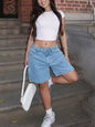 Light blue high waist relaxed fit denim shorts by Trendsi, showing front view with classic pockets and distressed details.