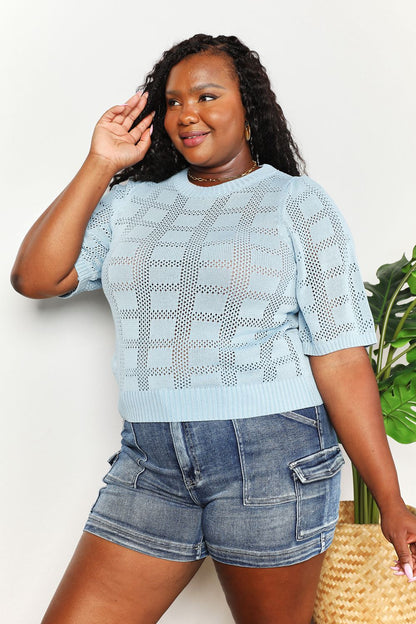 Light blue Mandy ribbed trim round neck knit top from Trendsi, featuring a fitted silhouette and soft, comfortable fabric.