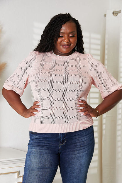 Light blue Mandy ribbed trim round neck knit top by Trendsi, featuring a fitted silhouette and soft, stretchy fabric.