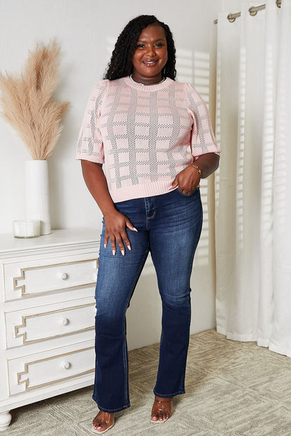 Light blue Mandy ribbed trim round neck knit top by Trendsi, featuring a close-up of the textured fabric and neckline.