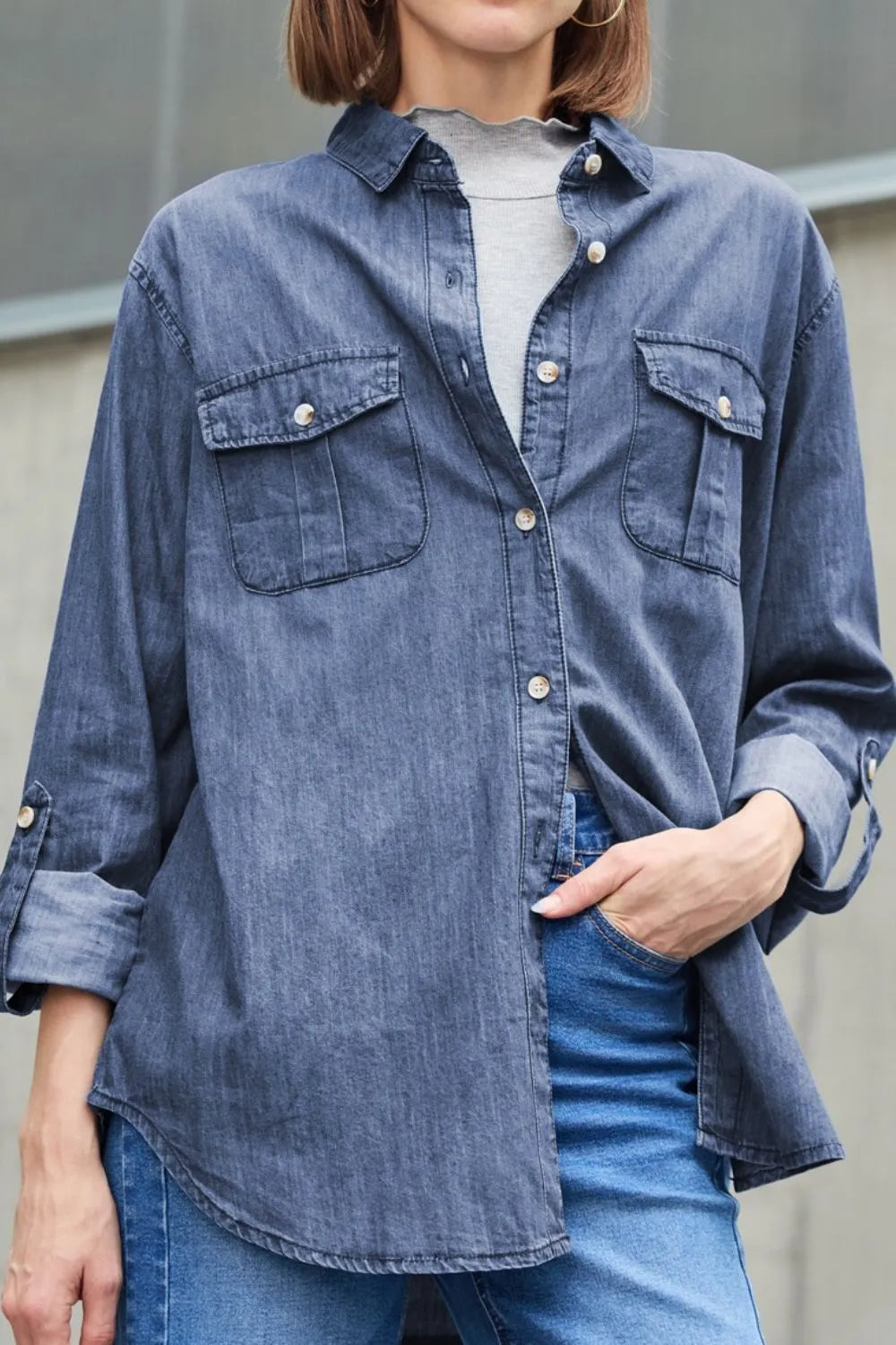 Light blue denim long sleeve top with collar and pockets, Trendsi pocketed collared neck denim shirt.