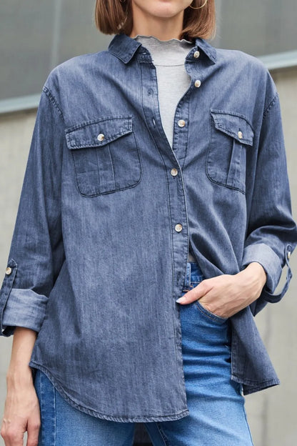 Light blue denim long sleeve top with collar and pockets, Trendsi pocketed collared neck denim shirt.