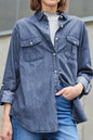 Light blue denim long sleeve top with collar and pockets, Trendsi pocketed collared neck denim shirt.