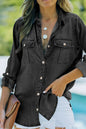 Light blue denim long sleeve top with a pocketed collared neck by Trendsi, featuring a classic casual style.