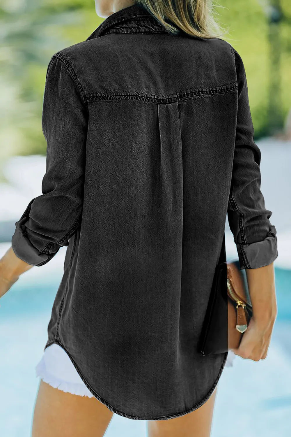 Light blue denim long sleeve top with a collared neck and front pockets from Trendsi, casual and stylish for everyday wear.
