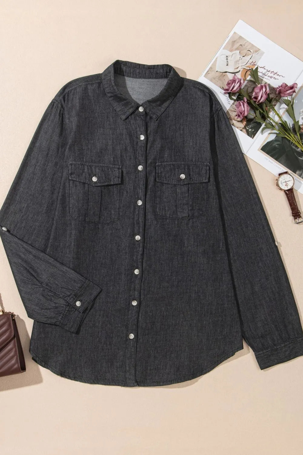 Light blue denim long sleeve top with collar and front pockets, by Trendsi, featuring a casual, stylish design.