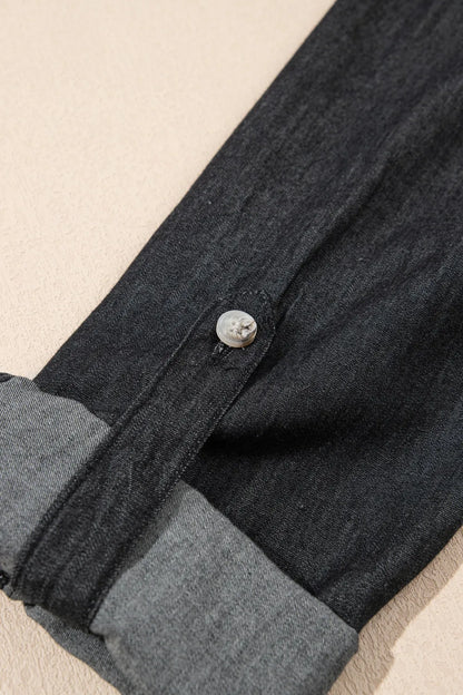 Light blue denim long sleeve top with pockets and collared neck, by Trendsi, featuring a casual, stylish design.