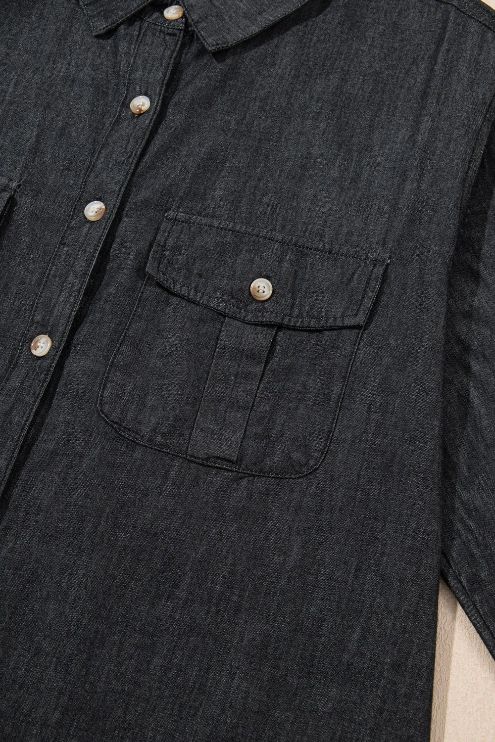 Light blue denim long sleeve top with collar and pockets, stylish collared neck, from Trendsi.