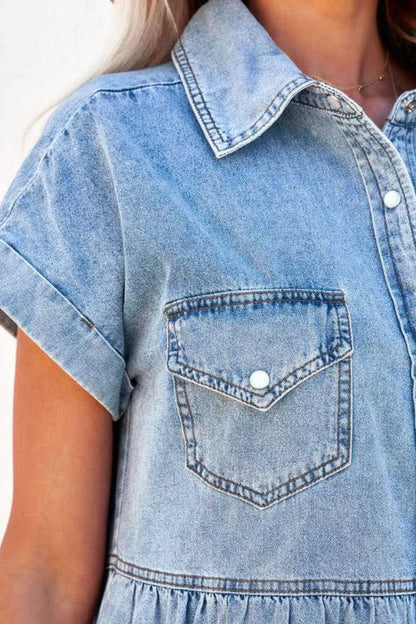 Light blue raw hem button-down denim mini dress by Trendsi, featuring a classic collar and short sleeves.