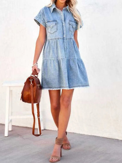 Light blue raw hem short sleeve denim dress by Trendsi, featuring a casual fit and classic denim style.