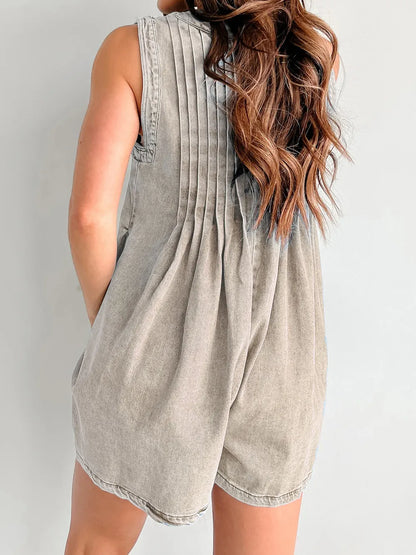 Light-blue Tied Romper with Pockets by Trendsi, featuring a relaxed fit and adjustable waist for casual summer wear.