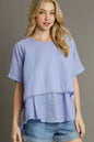 Light blue Umgee plus size eyelet layered short sleeve blouse, stylish and comfortable for casual wear.