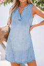 Light blue notched sleeveless mini denim dress by Trendsi, showcasing a fitted sleeveless design with a stylish notch detail.