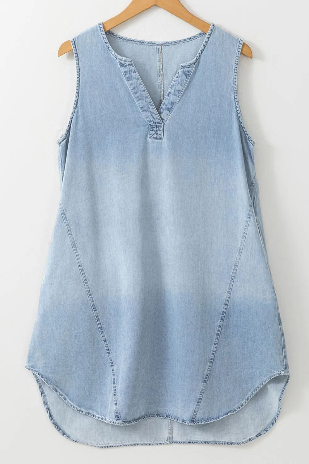 Light blue Trendsi sleeveless mini denim dress with notched neckline, casual and stylish for warm weather.