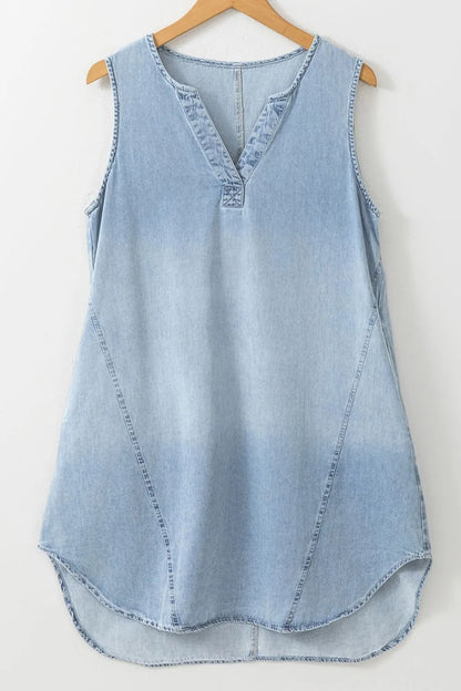 Light blue Trendsi sleeveless mini denim dress with notched neckline, casual and stylish for warm weather.