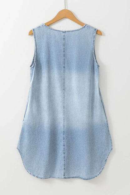 Light blue sleeveless mini denim dress with notched neckline from Trendsi, featuring a casual and stylish fit.