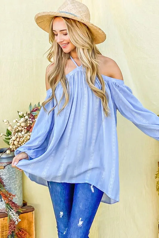 Light blue striped cold shoulder halter neck top by Trendsi with printed design, perfect for casual summer wear.