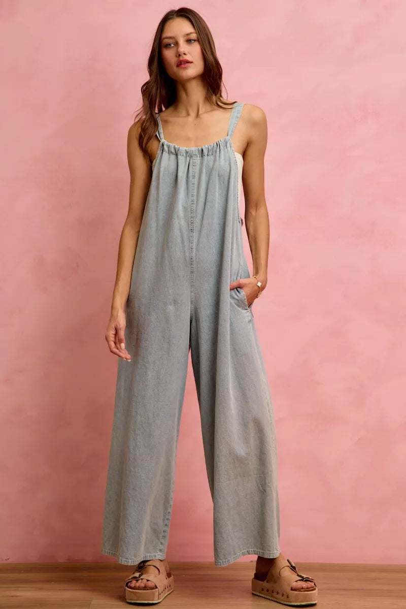 Light blue SO ME wide-leg lightweight denim overalls with adjustable straps, front pockets, and relaxed fit.