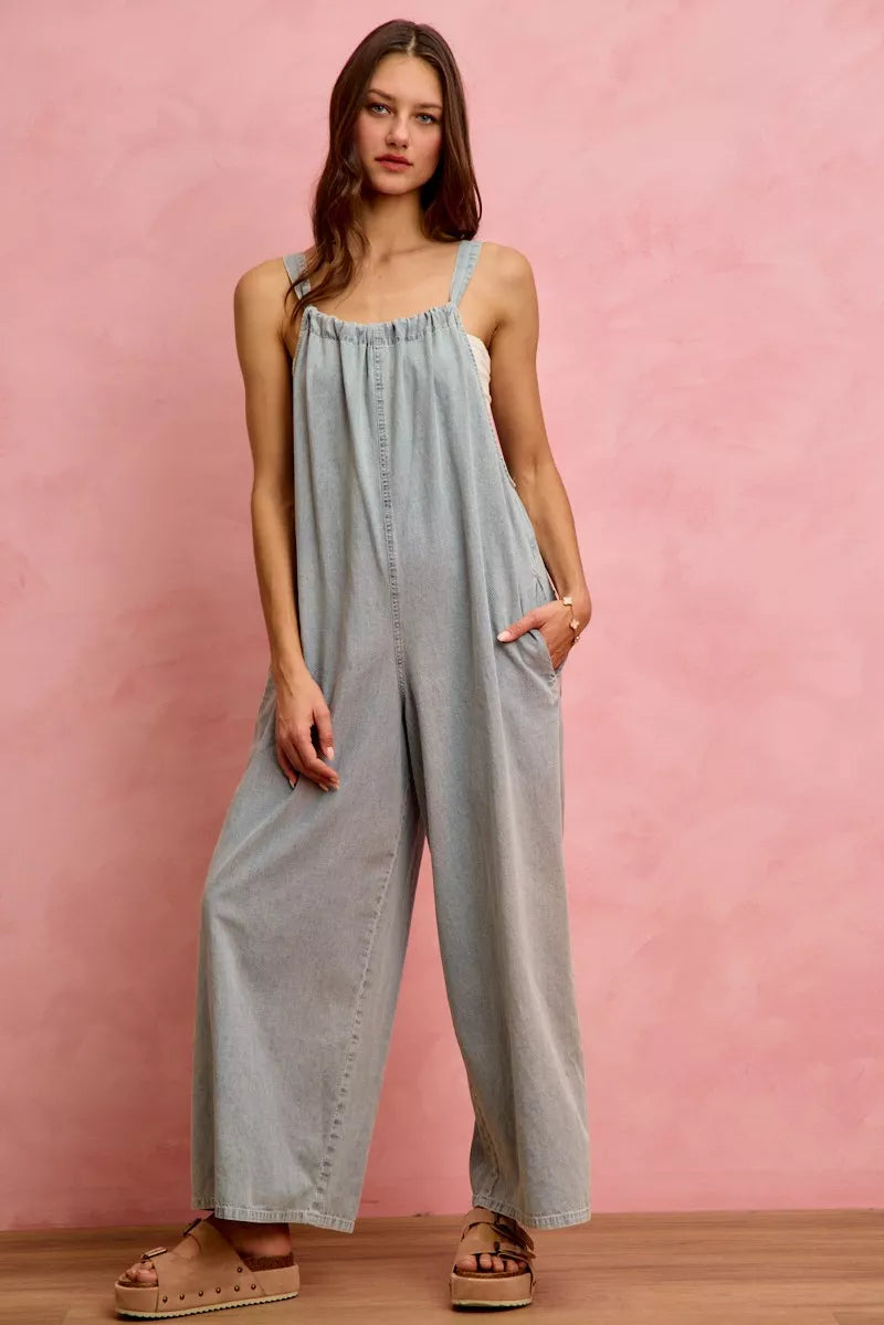 Light blue lightweight denim overalls with wide-leg style from SO ME by Trendsi, featuring adjustable straps and front pockets.