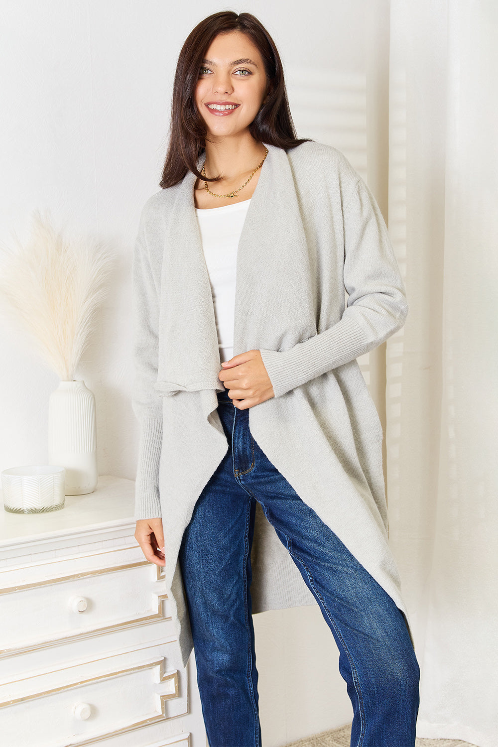 Light gray angel wings open front duster cardigan with pockets, stylish and cozy Trendsi women's outerwear.