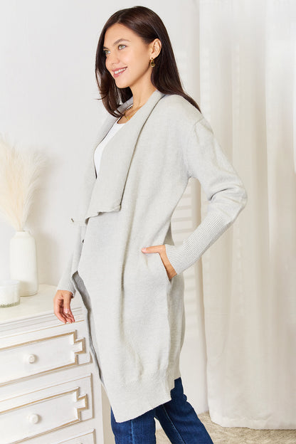 Light gray Angel Wings open front duster cardigan with pockets, stylish and cozy, by Trendsi.