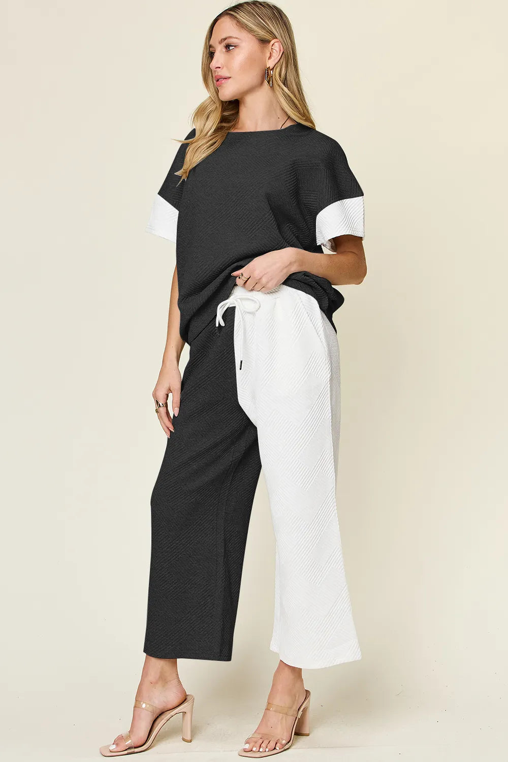 Light gray Trendsi Double Take full-size T-shirt and wide-leg pants set with textured contrast fabric, casual and stylish.